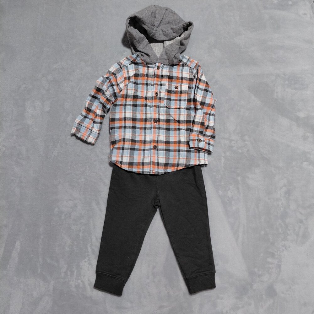 NEW Carter's 12M Two Piece Jersey Pants & Plaid Button Up with Hood